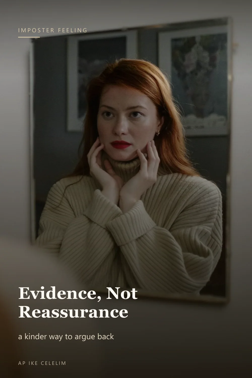 A woman resting her face in her hands in front of a mirror