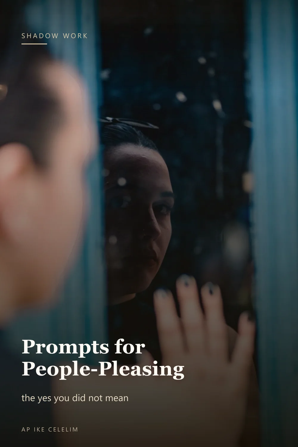 A hand pressed against a glass window with a reflection