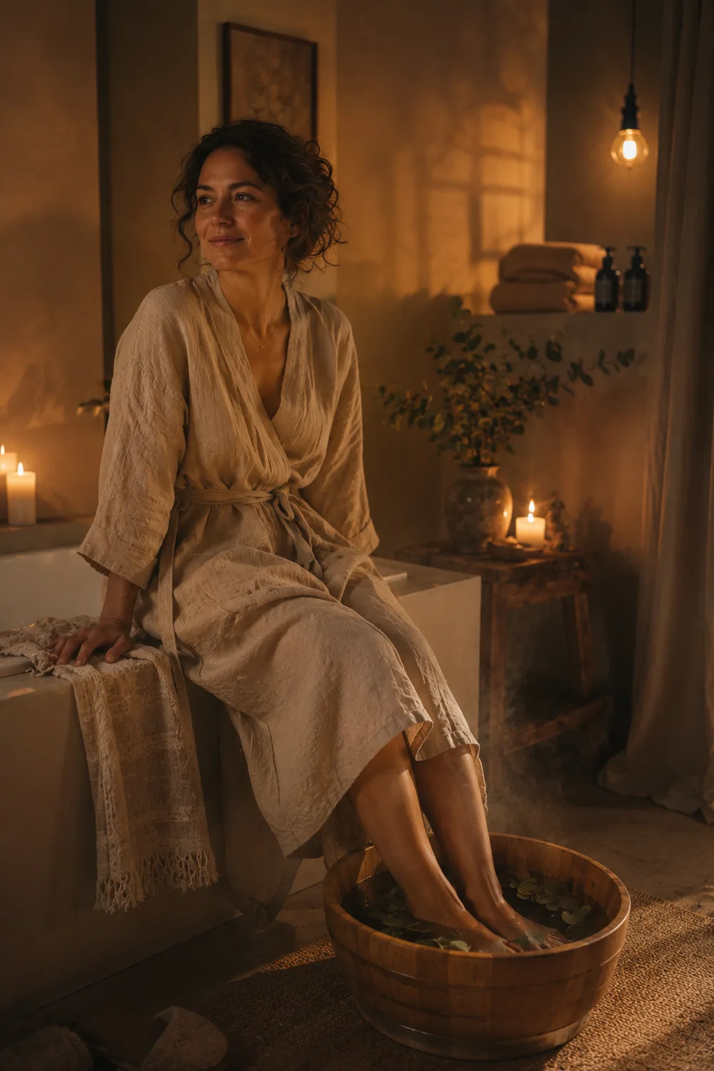 The editor in a quiet candlelit bathroom